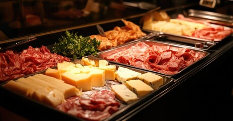 Obraz premium Raclette Cheese and Meats. AI generated illustration.