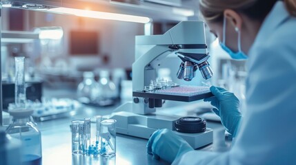 A scientific laboratory setting where researchers are examining cancer cells on slides, with various equipment in the background