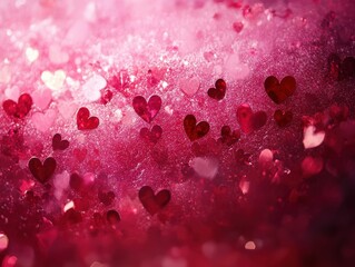 A vibrant abstract background filled with sparkling red hearts and soft pink hues.