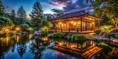 Obraz premium Serene Night Photography of a Teahouse in Boulder, Colorado, Capturing Tranquil Atmosphere with Soft Lighting and Cozy Ambiance Surrounded by Nature's Beauty