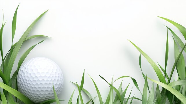 Golf Ball Lying in Green Grass on a White Background, Ideal for Sports Enthusiasts and Marketing Materials Related to Golfing and Outdoor Activities