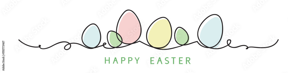 Aufkleber One line drawing. Abstract decorative horizontal divider with easter color eggs. Beautiful hand drawn easter eggs. Happy easter text. Border design element. Vector stock illustration.