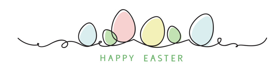One line drawing. Abstract decorative horizontal divider with easter color eggs. Beautiful hand drawn easter eggs. Happy easter text. Border design element. Vector stock illustration.