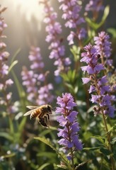 A honey bee alights on the Soldanella flowers, ready to collect pollen, botanical garden, floral arrangement
