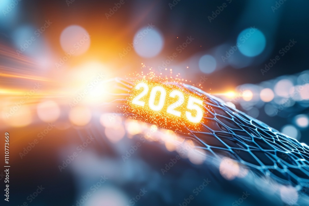 Poster futuristic digital network with glowing 2025 symbol and dynamic bokeh lights