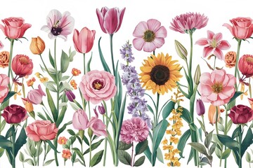 Watercolor leaves and flowers, botanical illustration. Floral seamless pattern.
