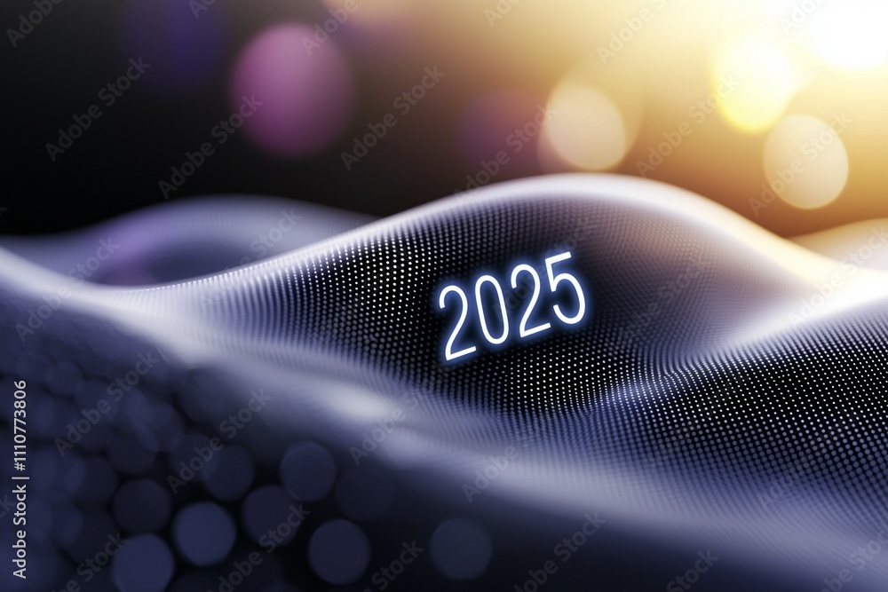 Poster futuristic 2025 concept with abstract lights and wavy patterns