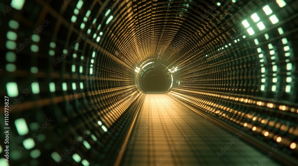 Poster a futuristic tunnel glowing with vibrant lights, creating a sense of depth and movement.