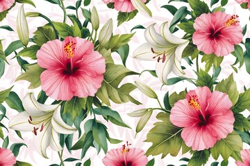 Obraz premium Watercolor leaves and flowers, botanical illustration. Floral seamless pattern. 