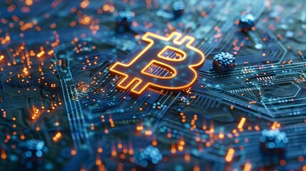 Fototapeta premium photograph of orange bitcoin symbol on blue network lines dark background digital currency concept blockchain technology fintech industry