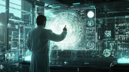 A scientist using a touch-screen interface in a futuristic laboratory setting
