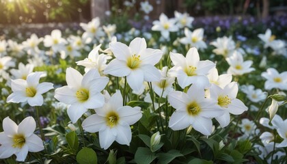 Obraz premium Gorgeous white platycodon grandiflorus flowers in full bloom during summer, decorative art, sunlit blooms, flora close-up