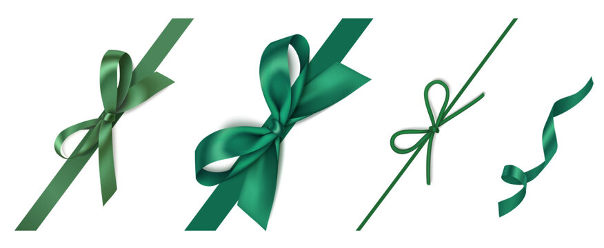 Set of wonderful diagonally decorative Christmas green bow, swirl ribbon isolated on white. Beautiful new year corner decoration for your wrapping design. Vector stock illustration.