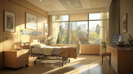 A serene hospital room where a cancer patient is receiving palliative care, highlighting comfort and support