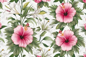 Obraz premium Watercolor leaves and flowers, botanical illustration. Floral seamless pattern. 