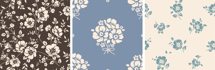 Set of seamless patterns with beautiful vintage peony flower silhouette. Wallpaper with abstract flower. Dress fabric or wrapping design. Vector stock illustration.