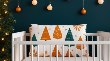 Christmas nursery festive Themed, A cozy nursery scene featuring a crib with festive tree-patterned pillows and holiday decorations on a dark green wall.