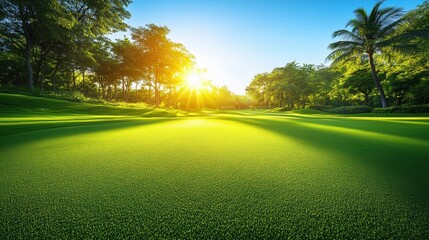 Obraz premium Serene Golf Course Landscape at Sunrise with Lush Green Grass and Illuminated Trees Under Clear Blue Sky Emphasizing Nature's Tranquility and Scenic Beauty