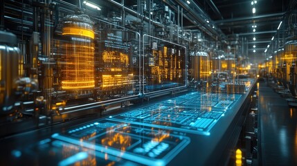 Fototapeta premium A futuristic industrial scene with glowing machinery and digital interfaces.