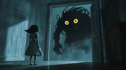 Child faces a shadowy monster in a dark hallway at night, creating an atmosphere of suspense and fear