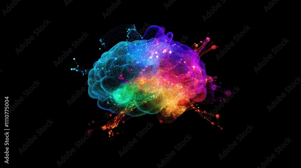 Poster an animated brain that lights up as if processing thoughts, with different colors representing vario