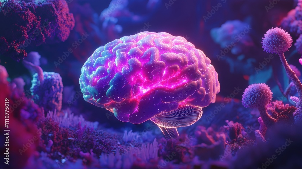 Poster an animated brain that lights up as if processing thoughts, with different colors representing vario