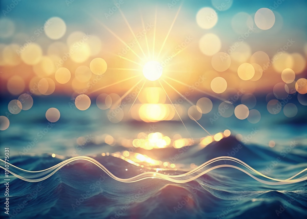 Poster serene waves and sun in minimalist line art style with bokeh effect for relaxing and tranquil home d