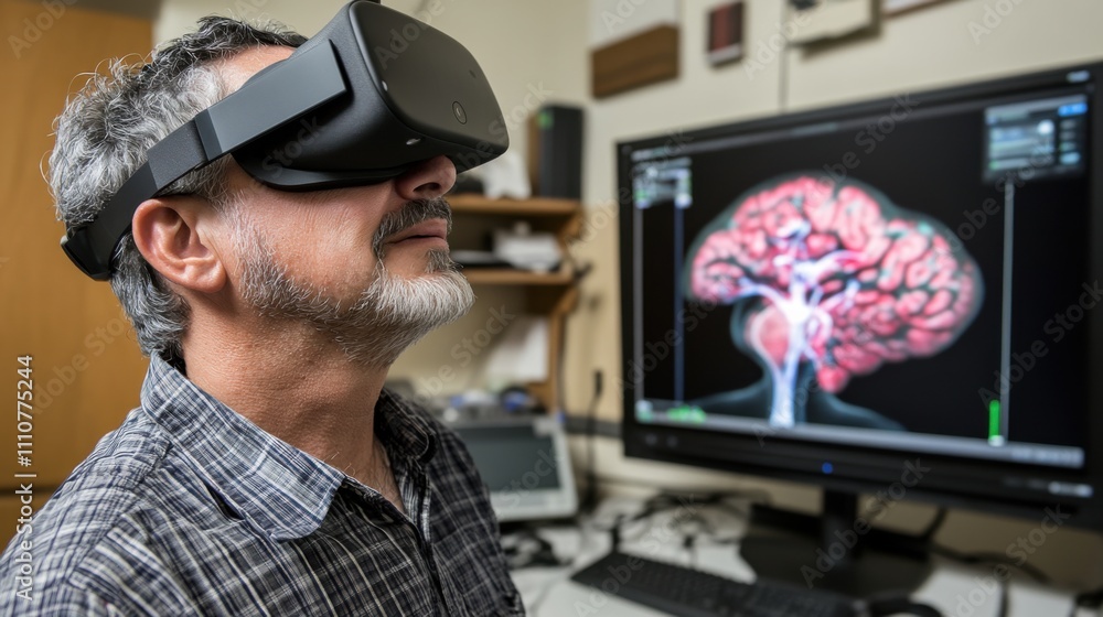 Poster man wearing virtual reality headset with brain imaging display