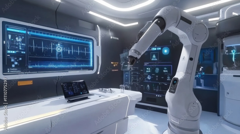 Aufkleber futuristic laboratory with robotic arm and high-tech interfaces