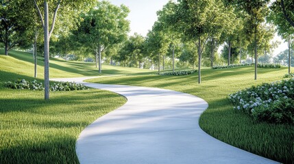 Serene Nature Pathway Through Vibrant Green Landscape with Lush Grass, Beautiful Trees, and Colorful Flower Beds Under Bright Blue Sky in Tranquil Environment