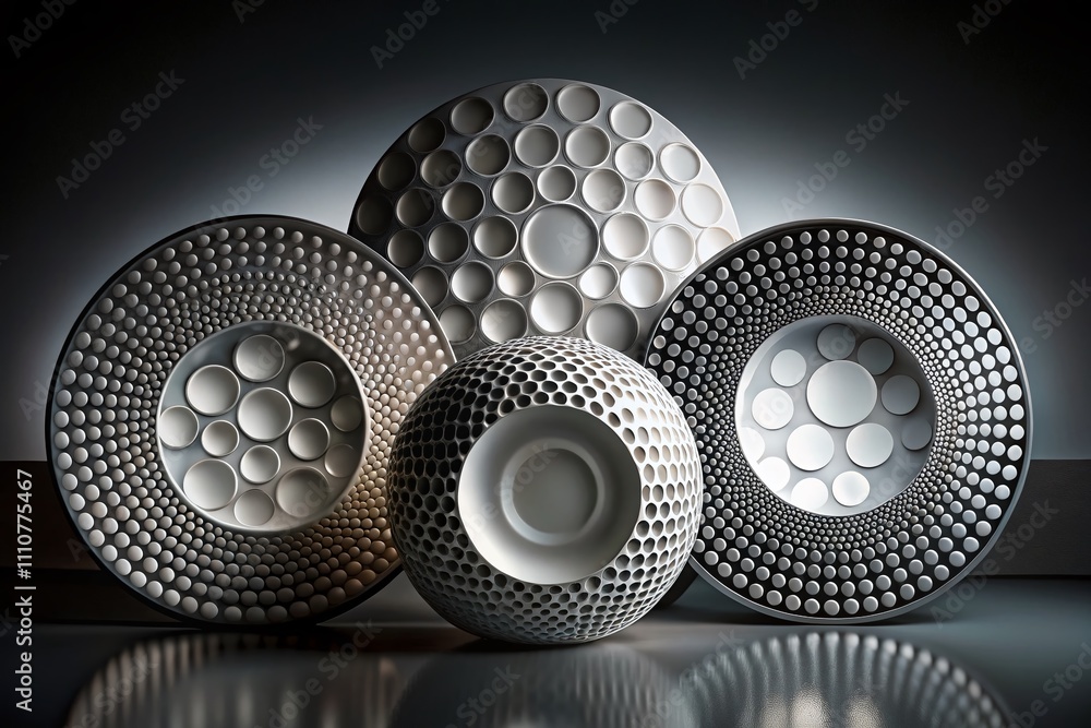 Poster set of 3d elements featuring convex circles in white, gray, and black colors captured in low light t