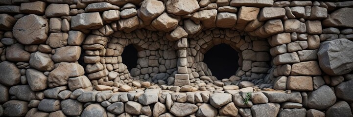 Ancient stone wall with a small hole in the center, earthy tone, ancient architecture