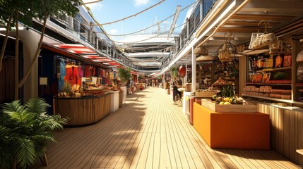 Fototapeta premium Sunlit boardwalk marketplace with shops and food stalls.
