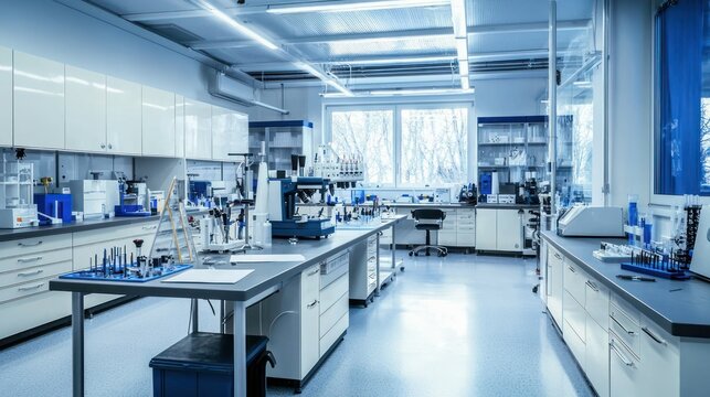 A spacious laboratory room equipped with workbenches and various scientific tools