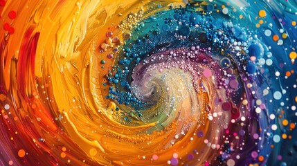 Abstract swirling vibrant paint texture with glitter and bubbles.
