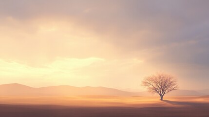 Fototapeta premium A solitary tree stands in a vast landscape under a soft, glowing sky.