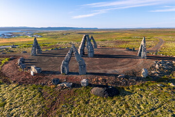 Monumental stone gates in barren landscape, Arctic Henge, Raufarhoefn, Melrakkasletta, North East...