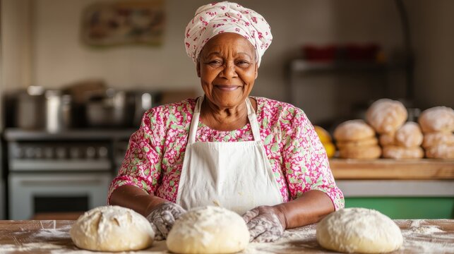 elderly woman baking bread in community kitchen, smiling joyfully while working with dough. warm atmosphere highlights her passion for baking