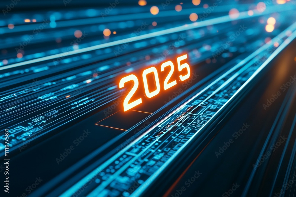 Poster futuristic digital concept highlighting 2025 with virtual data streams