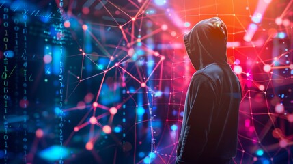 photograph of silhouetted dark hat ethical hacker figure in hoodie with digital code overlay against dark background with neon technology lines cybersecurity threat coding hack theme