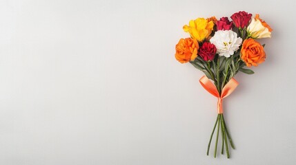 Fototapeta premium Valentine romance and handmade, A vibrant bouquet featuring orange, yellow, and red flowers tied with an orange ribbon against a light gray background.