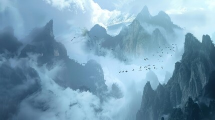 Dynamic animation showing a panoramic view of mist-covered mountains and birds flying above the mountains.