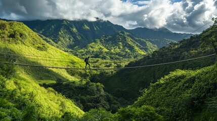 Adventurer crosses a rope bridge high above a lush green valley.