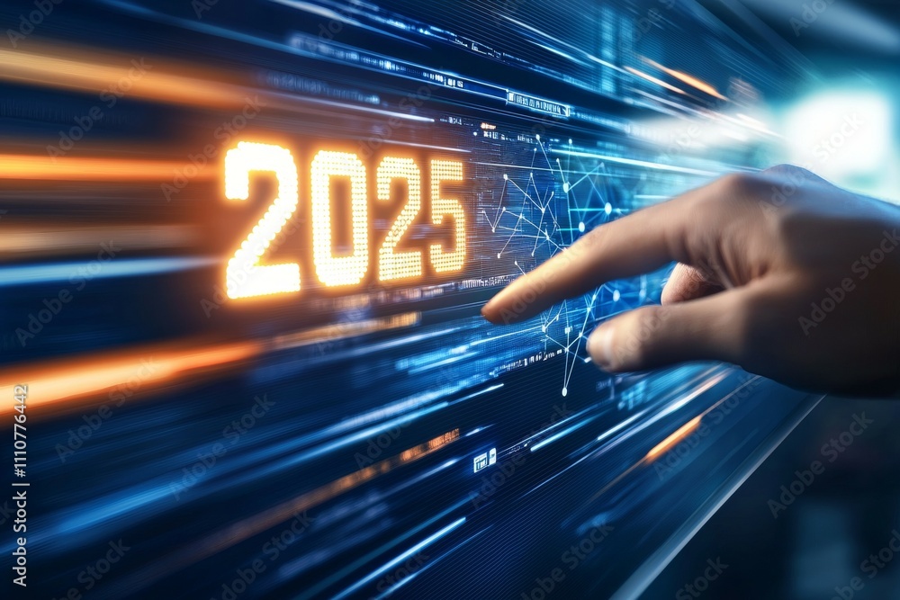 Aufkleber futuristic technology interface with hand pointing at 2025 digital display