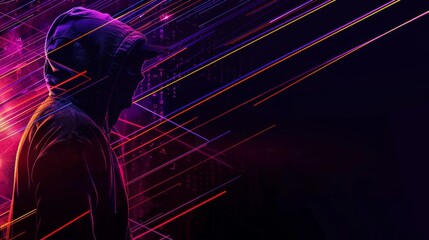 photograph of silhouetted dark hat ethical hacker figure in hoodie with digital code overlay against dark background with neon technology lines cybersecurity threat coding hack theme
