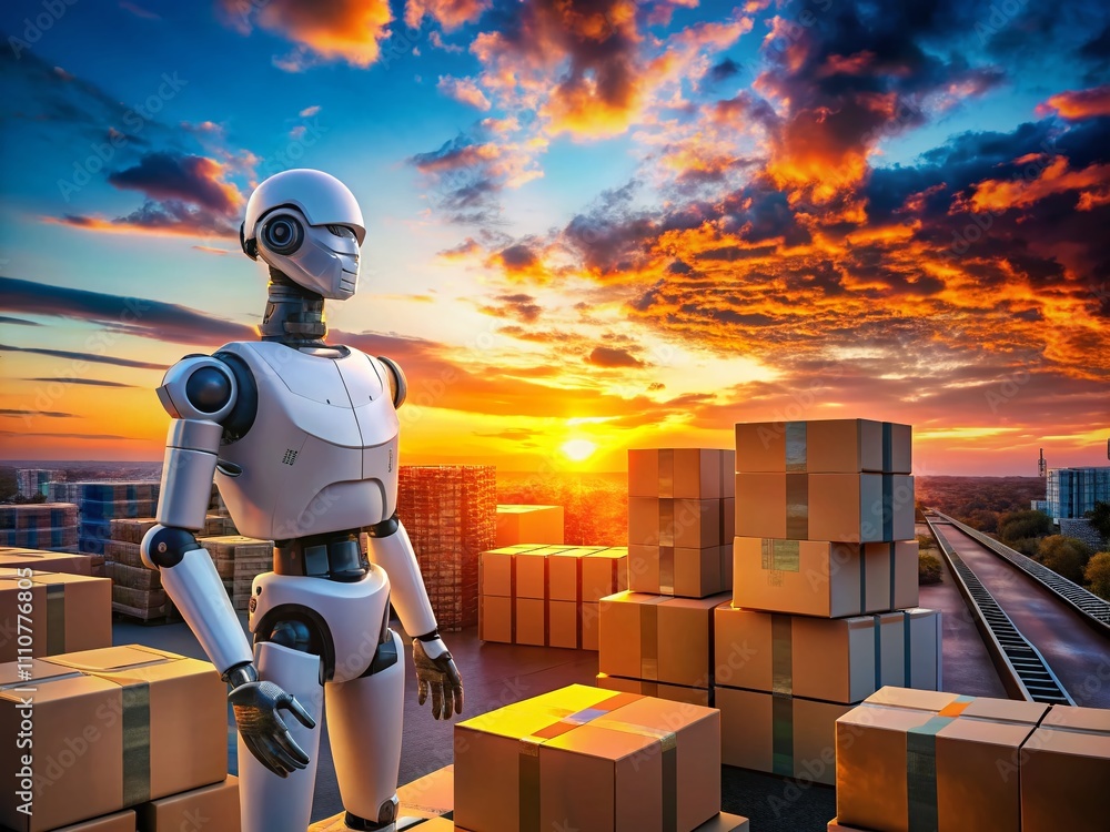Aufkleber silhouette of a modern robot sorting and mailing automated packages at sunset, showcasing advanced t
