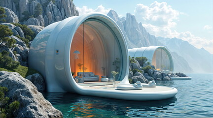 digital visualization of a futuristic building in the middle of a snowy landscape. The building is a domed structure with several round windows and a curved roof.