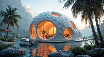 digital visualization of a futuristic building in the middle of a snowy landscape. The building is a domed structure with several round windows and a curved roof.