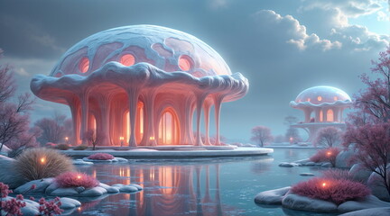 digital visualization of a futuristic building in the middle of a snowy landscape. The building is a domed structure with several round windows and a curved roof.