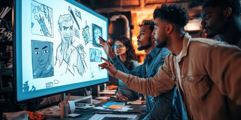 A team of animators discussing a storyboard on a large screen in a collaborative workspace